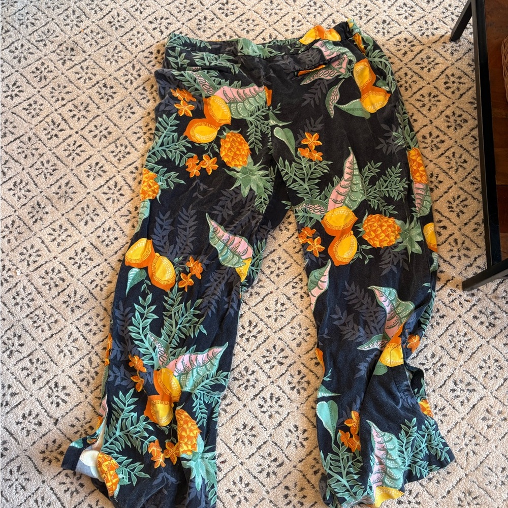 Anthropologie Navy Pants with Orange and Green Tropical Print